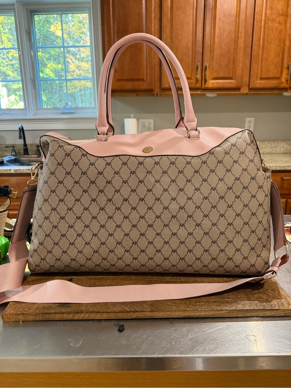 Anne Klein Monogram Travel Tote with Pink Trim and Detachable Strap